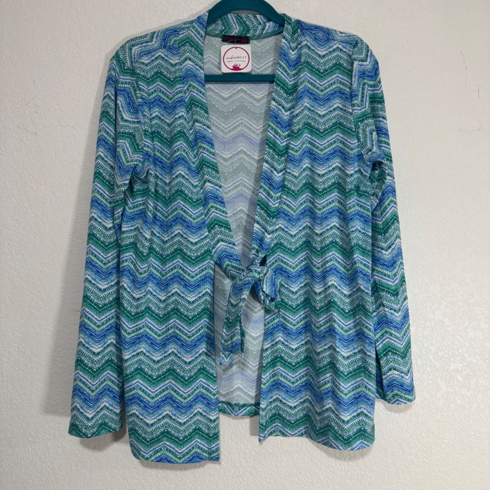 Sheila Rose Women's Size L Cardigan Blue Green Zigzag‎ Print Tie Front